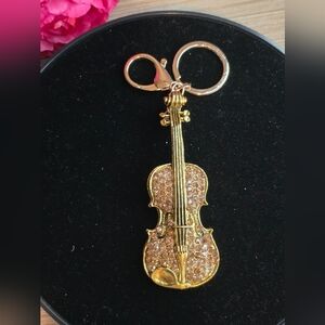 Goldtone Violin Rhinestone Handbag Charm - Keychain